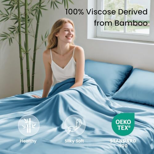 Love's cabin 4 Piece Full Size Sheet Set, 100% Rayon Derived from Bamboo, Cooling & Breathable, Soft Silky Deep Pocket up to 16", Hotel Luxury Bedding for Hot Sleepers, Light Blue