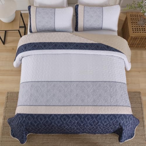 Cottolester Quilt Set Queen,3 Pcs Khaki Navy Blue Striped Plaid Bedspread