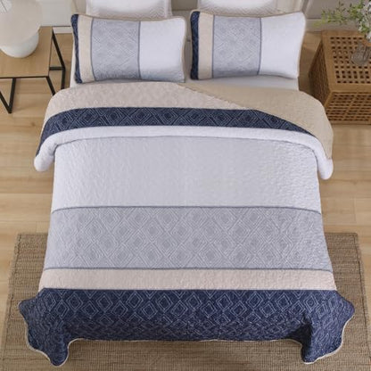 Cottolester Quilt Set Queen,3 Pcs Khaki Navy Blue Striped Plaid Bedspread