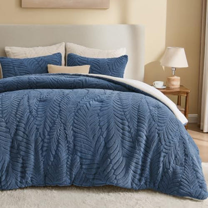 BEDELITE Fluffy Sherpa Twin Comforter Set,Leaf-Navy
