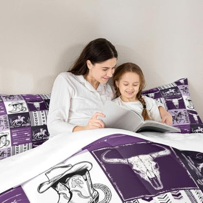 Manfei Cowboy Comforter Set Twin Size, Horse Bull Skull Cowboy Boots Hat Bedding Set 2pcs, Kids Boys Teens Bedroom Decor, Boho Purple Lattice Patchwork Down Comforter Western Quilt Set, 1 Pillowcase