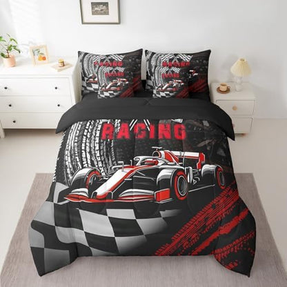 Racing 7 Pcs Comforter Set King Size Bed in a Bag,Extreme Race Car Player Bed Set Room Decor,Abstract Wheel Print Bedding Sets with Comforter,Flat,Fitted Sheet,Pillowcases,Pillow Covers