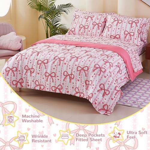 Viviland Kids Twin Bedding Sets, Girls Comforter, Bowknot