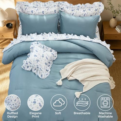 WONGS BEDDING 8PC King Comforter Set, Ruffle Comforter with Floral Sheets