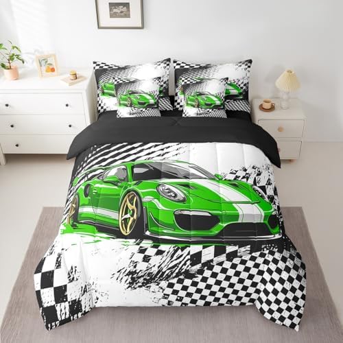 jejeloiu Green Race Car Comforter Set with Sheets King Size for Kids Boys Girls Checkerboard Racing Flag 7 Pieces Bedding Set Cartoon Bed in a Bag Bedroom Decor Soft Lightweight Microfiber