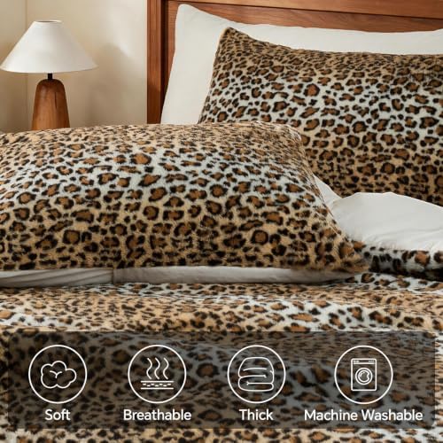 BEDELITE Faux Fur Queen Comforter Set Cheetah Print,Thick & Warm Comforter