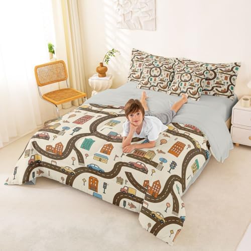 Erosebridal 7 Pcs Cartoon Car Kids Twin Bedding Set Cityscape City Car Comforter Set with Sheets for Boys Teens Men Funny House Building Road Map Bed in A Bag Modern Transportation Vehicle Bed Sets