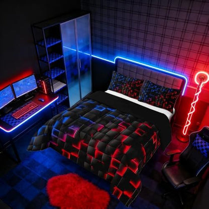 Erosebridal Geometric Checkered Boys Bedding Set King Size Neon Red Blue Comforter Set for Kids Teen Men Gamer Room Decor,Abstract Ombre Plaid Comforter Grids Quilt Duvet Black
