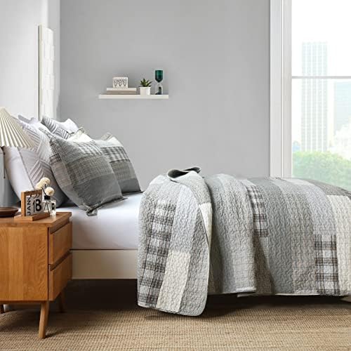 Finlonte King Size Quilt, Cotton King Quilt Bedding Set, Grey(Gray) Patchwork Plaid Bed Quilts King Size, Lightweight Reversible Soft King Size Bedspreads, 3 Pieces
