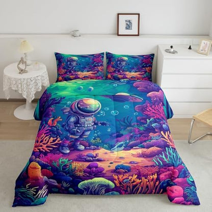 Homewish Colorful Coral Comforter Set Full Size,Cartoon Diver Bedding Set 3Pcs for Kids Girls Boys Teens Bedroom Decor,Underwater World Quilt Set Ocean Adventure Duvet Insert,2 Pillowcases