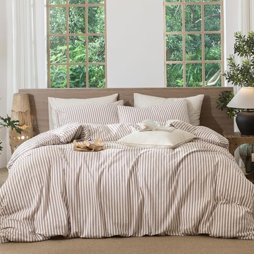 MooMee Striped Duvet Cover Set 100% Washed Cotton Linen Like Super Queen
