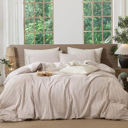 MooMee Striped Duvet Cover Set 100% Washed Cotton Linen Like Super Queen