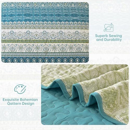 WONGS BEDDING Boho Quilt Queen Size,3 Pcs Aqua Bedspread Bedding Set