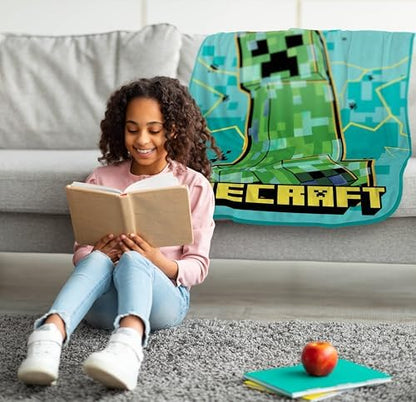 Jay Franco Kids Plush Throw Blanket – Soft & Cozy Fleece Throw for Bedroom & Couch Décor, Official Licensed Product, Teal - Minecraft, 40x50 - Travel Blanket