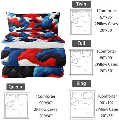 Nttopship Camouflage Bedding Set,Red Blue White Camouflage Pattern Style King Comforter Set for Adult Teens Camo Bed in A Bag 3 Pieces,Camo Pattern Room Decor with Comforter and 2 Pillow Case