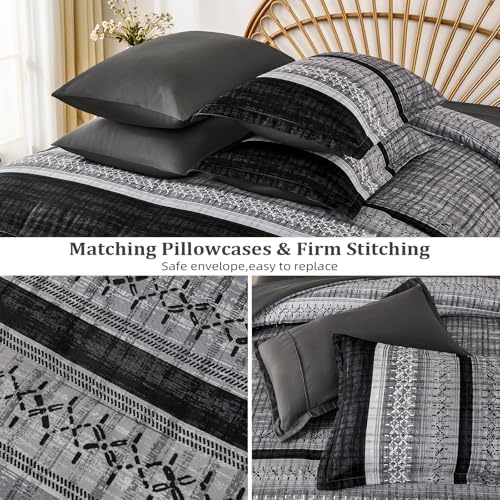 Dintszyayue Black Comforter Set King Size, 8 Pieces Boho Striped Bed in a Bag Soft Microfiber Bedding Set for All Season