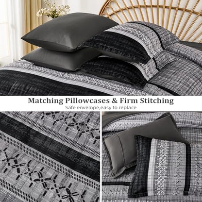 Dintszyayue Black Comforter Set King Size, 8 Pieces Boho Striped Bed in a Bag Soft Microfiber Bedding Set for All Season