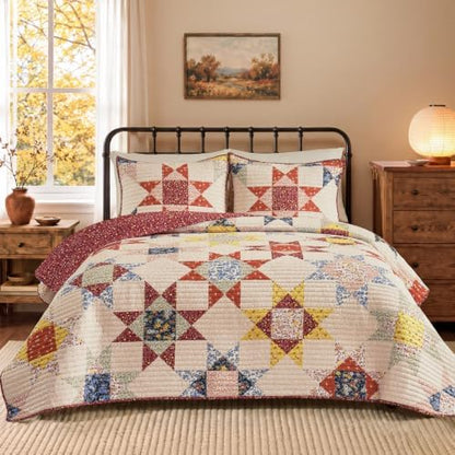 Oversized Queen Quilt Set-3 Pieces Soft Bedding Patchwork Coverlet