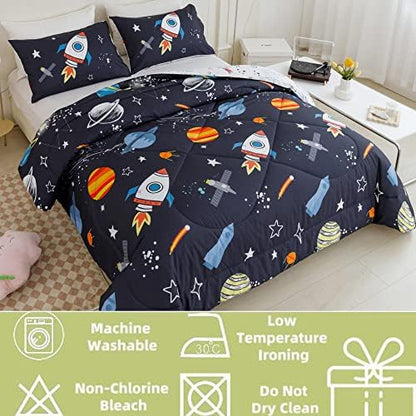 RYNGHIPY Twin Space Rocket Bedding Set 3 Pcs Navy Blue Bed Set for Boys