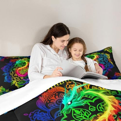 Watercolor Dragon Comforter Set Full Size,Rainbow Mandala Print Duvet Quilted,Bohemian Exotic Style and Animal Theme Bedding Comforters 3Pcs for Kids Child Teens Woman Man Bedroom Decor,Black