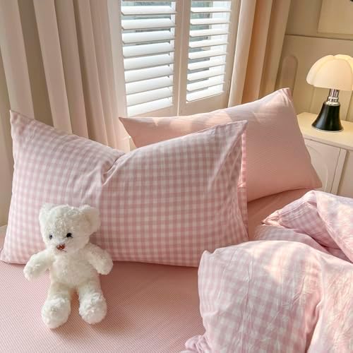 mixinni Gingham Comforter Set California King Size - 3 Piece Light Pink Plaid Farmhouse Bedding, Soft Washed Cotton All-Season Comforter & Pillow Shams, Grid Pattern Classic Style for Women Men