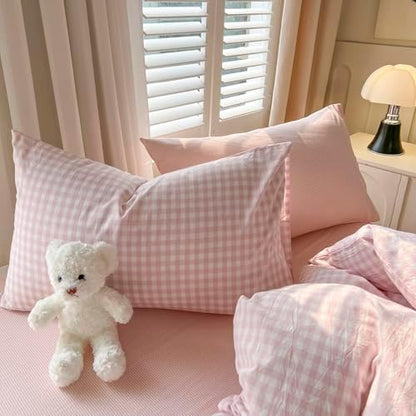 mixinni Light Pink Gingham Duvet Cover Set Twin Size - 100% Washed Cotton 3 Piece Plaid Checkered Bedding Set, Soft Comfy Grid Farmhouse Comforter Cover with Zipper Closure & Corner Ties