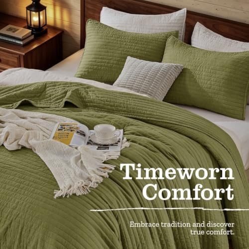 DOWN HOME Cali King Quilt Bedding Set with Shams, Vintage Washed Quilted Blanket Thin Comforter Lightweight Bedspread Coverlet Bed Cover, Brushed Microfiber Stripe Stitching, Golden Olive, 111"x92"