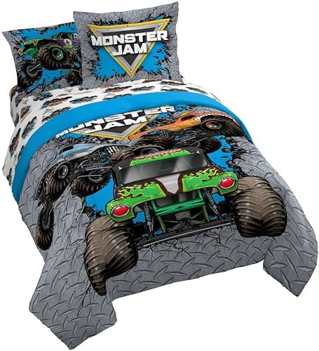 Monster Jam Queen Comforter Set 7 Piece Kids Bedding for Boys, Gray