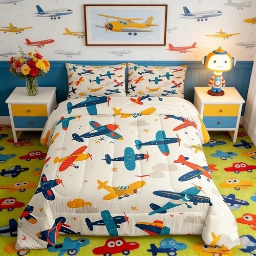 Manfei Aircraft Kids Comforter Set Queen Size, Cartoon Airplane Bedding Set for Boys Girls Room Decor, Flying Plane Print Down Comforter for All Season, Soft Polyester Quilt Set, 2 Pillowcases