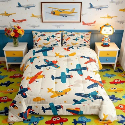 Manfei Aircraft Kids Comforter Set Queen Size, Cartoon Airplane Bedding Set for Boys Girls Room Decor, Flying Plane Print Down Comforter for All Season, Soft Polyester Quilt Set, 2 Pillowcases