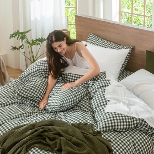 MooMee Gingham Duvet Cover Set 100% Washed Cotton Linen Like