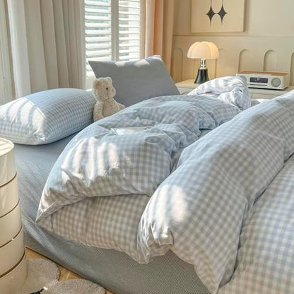 mixinni Gingham Comforter Set California King Size - 3 Piece Light Blue Plaid Farmhouse Bedding, Soft Washed Cotton All-Season Comforter & Pillow Shams, Grid Pattern Classic Style for Women Men