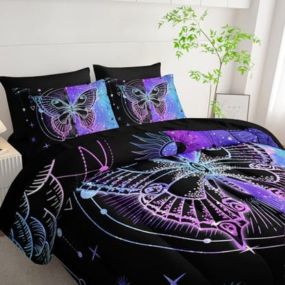 7pcs Animals Comforter Set 3D Black Blue Butterfly Printed Bedding Set with 1 Comforter, 1 Flat Sheet, 1 Fitted Sheet and 4 Pillowcases for Boys and Girls Bedroom (Butterfly-4 King