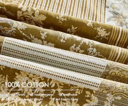 SLEEPBELLA Washed Double Layer Muslin 100% Cotton Comforter Set King Size, Boho Yellow Patchwork Fluffy Thick Checked Bedding Set, Soft Breathable (1 Comforter, 2 Pillow Shams)