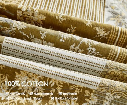SLEEPBELLA Washed Double Layer Muslin 100% Cotton Comforter Set King Size, Boho Yellow Patchwork Fluffy Thick Checked Bedding Set, Soft Breathable (1 Comforter, 2 Pillow Shams)