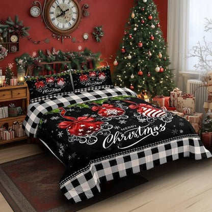 Black and White Grid King Size Comforter Set Kids Merry Christmas Decor All Season Bedding Set for Girls Teens Red and Green Comforter Geometric Snowflake Decor Quilt Set Bedroom Collection 3Pcs