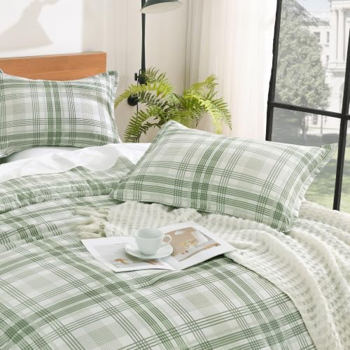 Andency Sage Plaid Comforter Set Twin, Gingham Checkered Grid Bedding Set