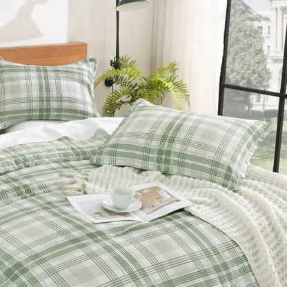 Andency Sage Plaid Comforter Set Queen, Gingham Checkered Grid Bedding Set
