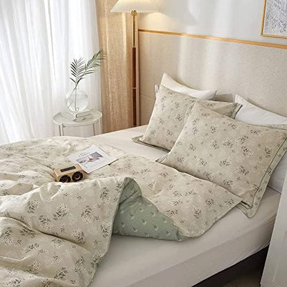 LifeTB Garden Style Floral Duvet Cover Queen Soft Cotton Boho Floral Bedding Sets Chic Shabby Botanical Queen Duvet Cover Girl Women Vintage Floral Comforter Cover with Zipper Closure 4 Ties