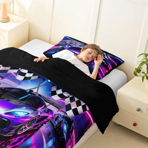 Feelyou Boys Sports Car Comforter Set All Season Racing Car Bedding Set with 1 Pillow Cases Extreme Sports Microfiber Kids Toddler Bedclothes Bedroom Decor Duvet Quilt Breathable Soft Lightweight