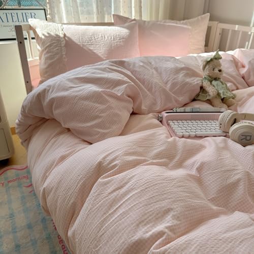 VM VOUGEMARKET Pink Plaid Duvet Cover with White Lace Twin XL Checkered Gingham Duvet Cover Set for Girl's College Dorm Soft Lightweight Cozy Bedding Set,68"x90"