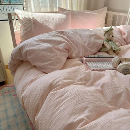VM VOUGEMARKET Pink Plaid Duvet Cover with White Lace Twin XL Checkered Gingham Duvet Cover Set for Girl's College Dorm Soft Lightweight Cozy Bedding Set,68"x90"