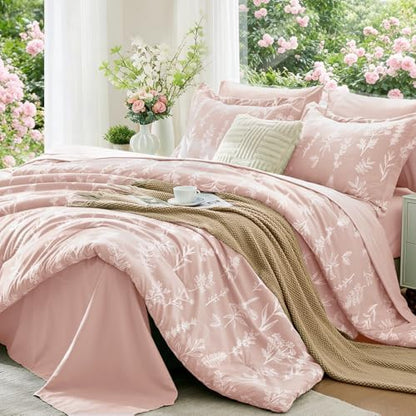 MUXHOMO Cameo Pink Twin Comforter Set, Elegant Floral Print Bed in a Bag 5 Pieces, Ultra Soft & Breathable Reversible Botanical Pattern Bedding Set with Comforter, Sheets, Pillowcase, and Sham