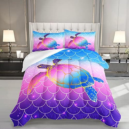 HOSIMA Mermaid Fish Scales Bedding Sets,Sea Turtle Comforter Rainbow Bedding Glitter Star Themed Full Comforter Set for Girls Kids Room Decor,Bed Set for Girls with 2 Pillowcases.