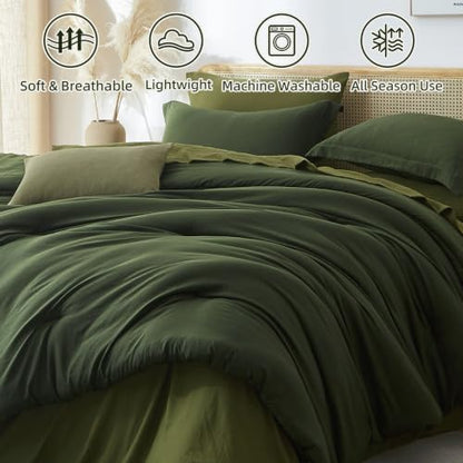 Prewashed King Size Comforter Set 7 Pieces, Dark Green Bed Set