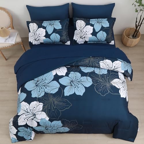 Luxudecor Navy Blue Comforter Set Queen Size, 7 Pieces Bed in a Bag Navy Blue Floral Comforter and Sheet Set, Soft Microfiber Complete Bedding Sets for All Seasons