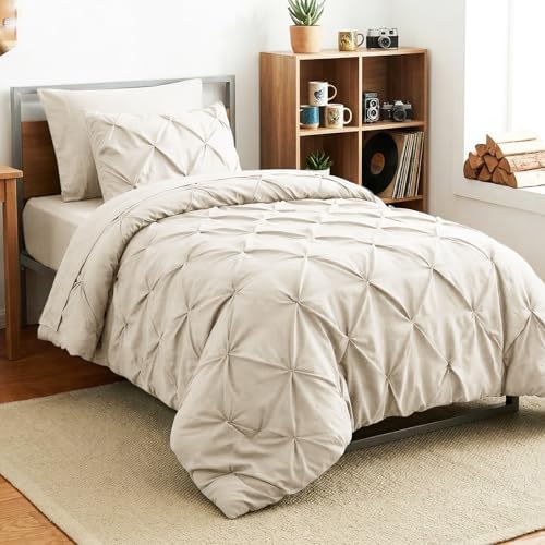 HIMEET Twin Comforter Set Beige - 5 Pieces Pintuck Bed in a Bag