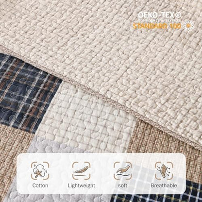 Y-PLWOMEN 100% Cotton Quilts Queen Size Farmhouse Plaid 3-Pieces Bedding