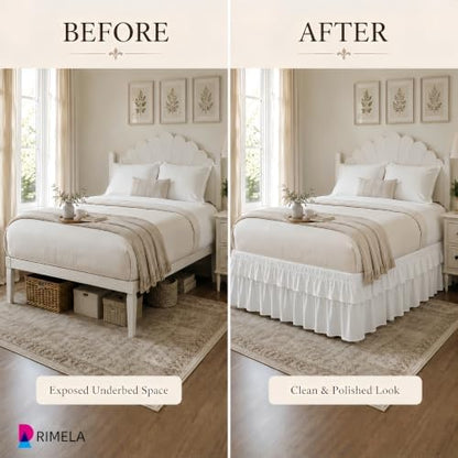 RIMELA Ruffle Bed Skirt Warm White Queen 15 Inch Drop, Elastic Wrap Around Bed Skirting Queen Size, Easy to Install Dust Ruffle, Machine Washable Soft Fabric, Multi Ruffle Bedskirt