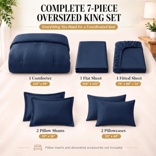 CozyLux Oversized King Comforter Set Navy, 7 Pieces Bed in a Bag